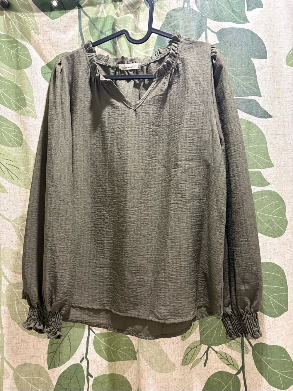 Ruffled V-Neck Olive Green Blouse